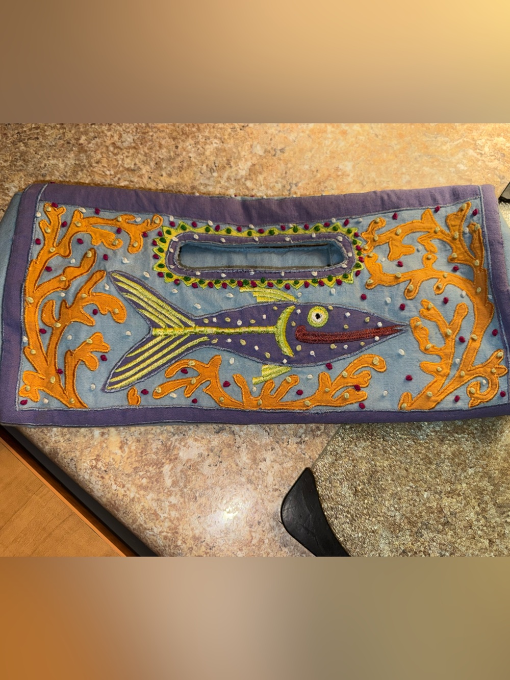 Embroidered Fish Clutch Bag in Blue and Orange
